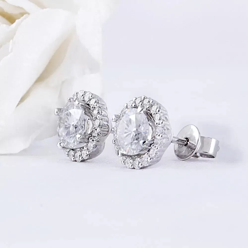 14k White Gold Halo Stud Moissanite Earrings 1.14ctw