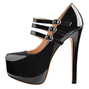 15cm Platform Round Toe Patent Black High Heel Stiletto Pumps