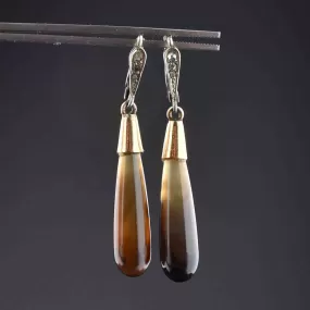 18K Gold Diamond Banded Agate Drop Earrings