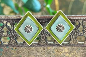 21A011 Green and Blue Enamel Diamond Shape Silver Earrings