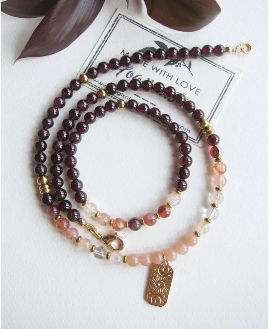 2pc set - Red Garnet and Hematoid Quartz Necklace & Bracelet Set