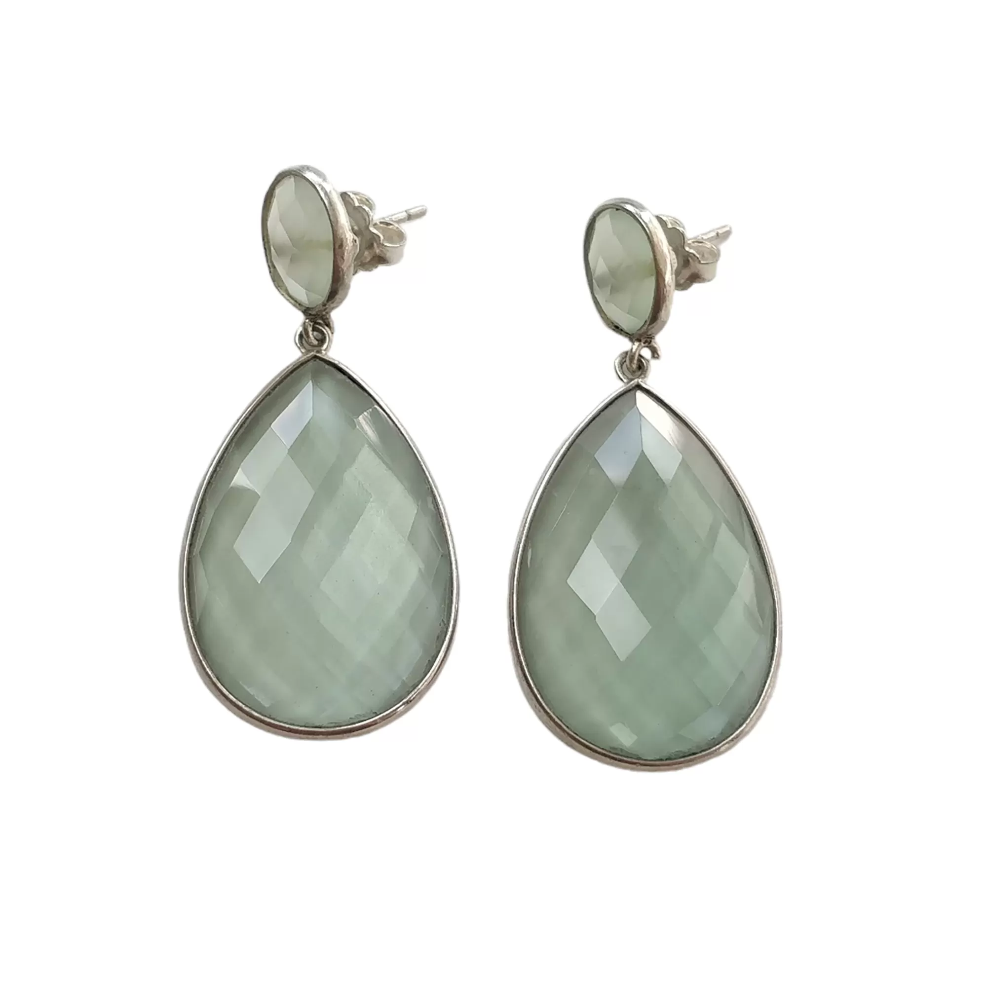 925 Sterling Silver Earring : 13.00gms Rhinestone Checker Cut Pear Drop Dangle Bezel Set Push Back Earring 1.85"