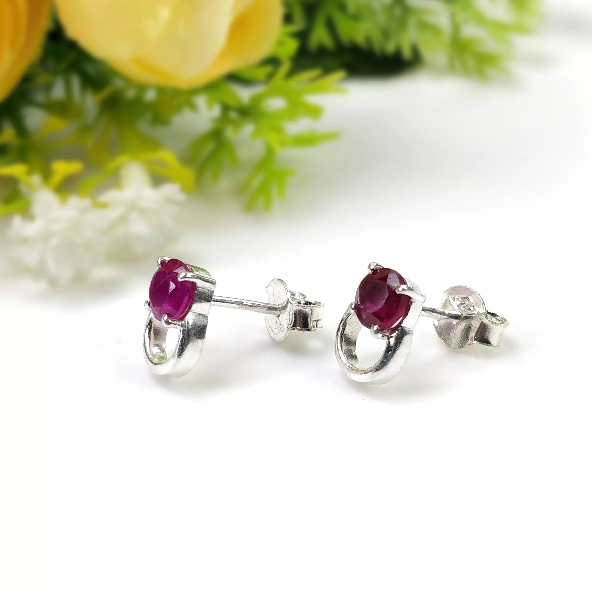 925 Sterling Silver Earrings : Natural RUBY Gemstone Glass Filled Prong Set Silver And Yellow Gold Plated Push Back Stud Earrings 0.5"