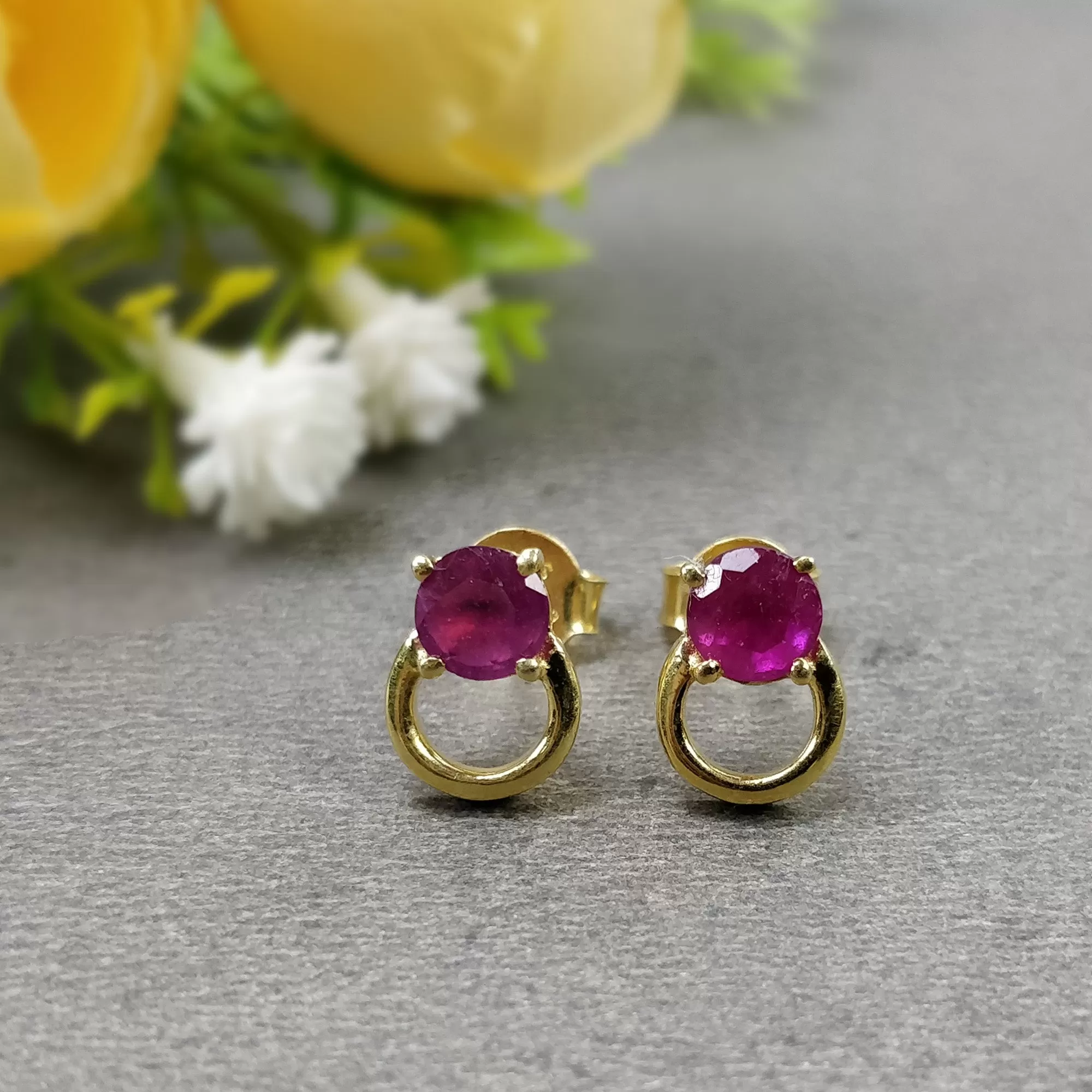 925 Sterling Silver Earrings : Natural RUBY Gemstone Glass Filled Prong Set Silver And Yellow Gold Plated Push Back Stud Earrings 0.5"