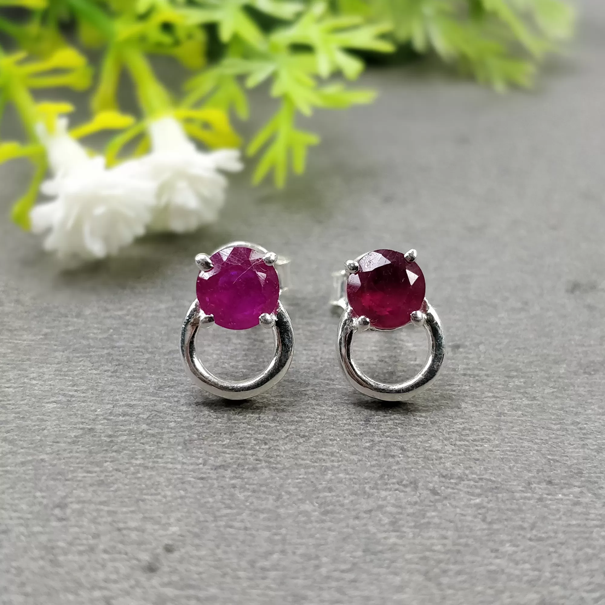 925 Sterling Silver Earrings : Natural RUBY Gemstone Glass Filled Prong Set Silver And Yellow Gold Plated Push Back Stud Earrings 0.5"