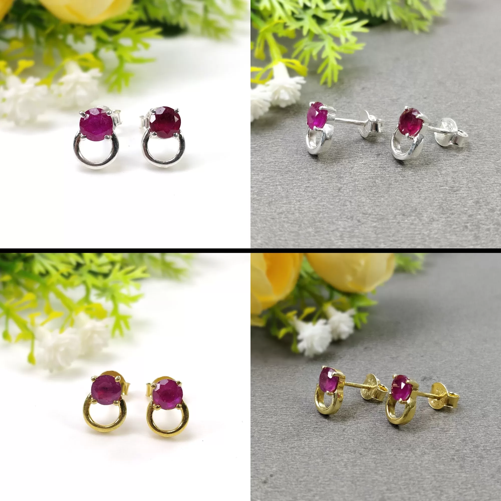 925 Sterling Silver Earrings : Natural RUBY Gemstone Glass Filled Prong Set Silver And Yellow Gold Plated Push Back Stud Earrings 0.5"