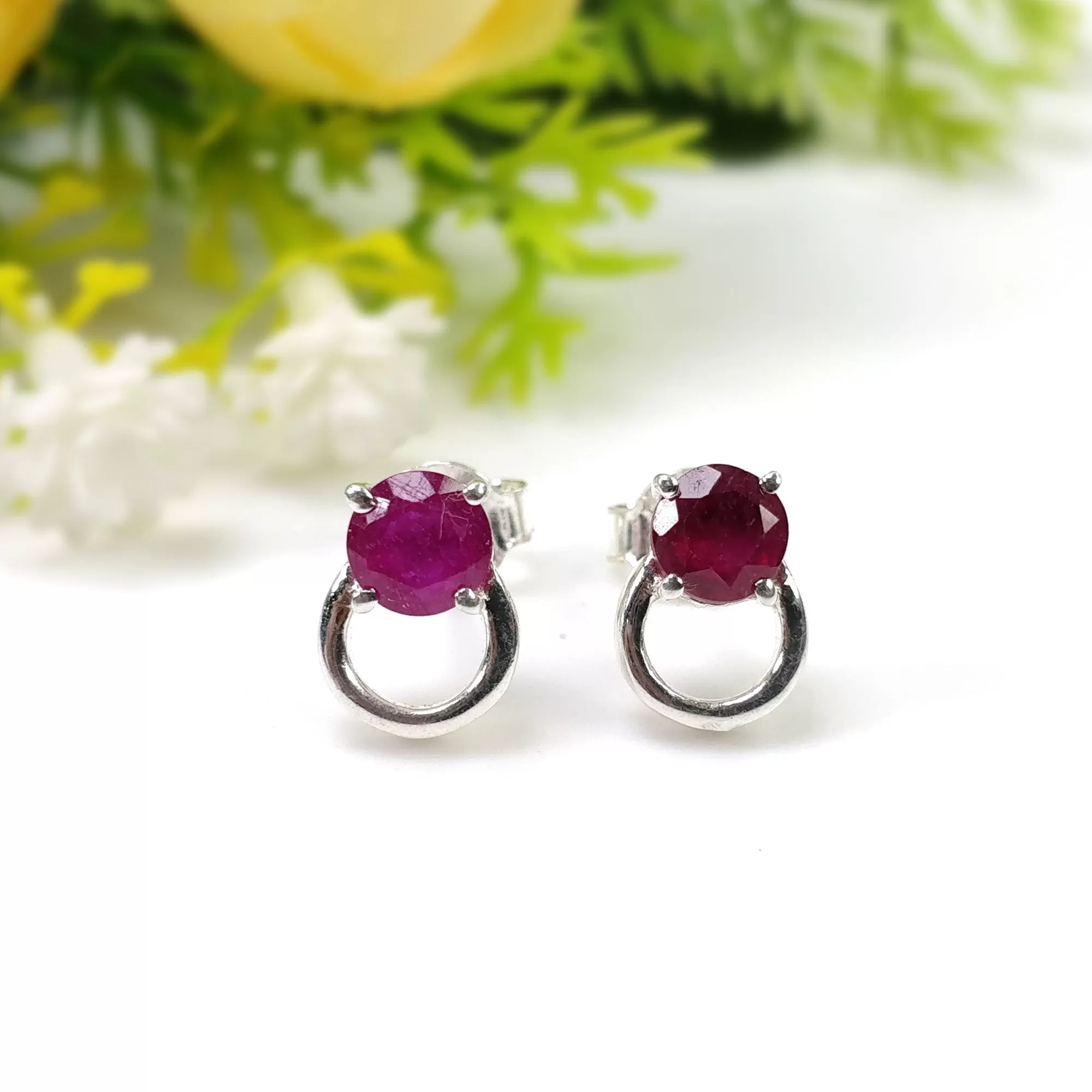 925 Sterling Silver Earrings : Natural RUBY Gemstone Glass Filled Prong Set Silver And Yellow Gold Plated Push Back Stud Earrings 0.5"