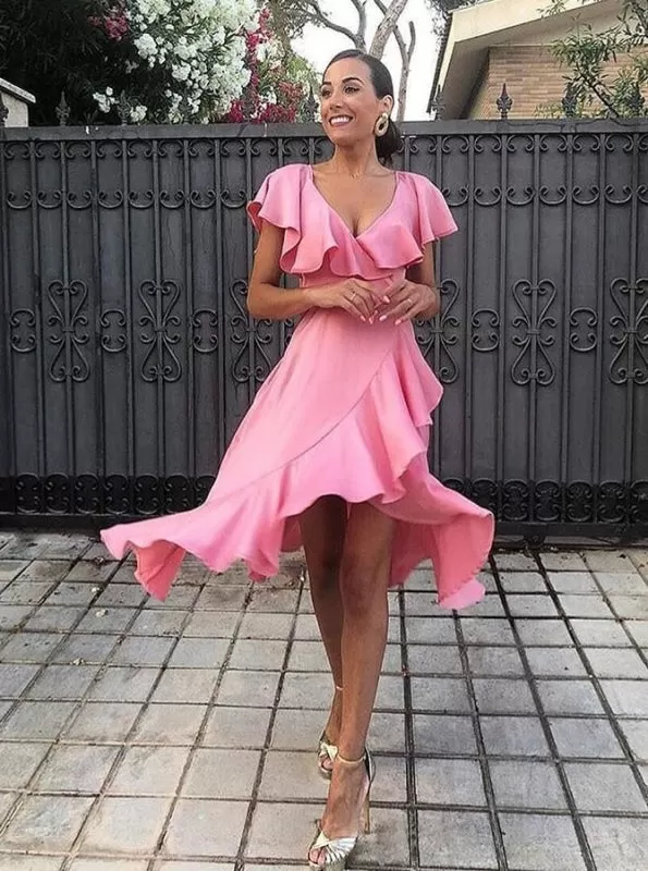 A-Line Scoop High Low Pink Satin Bridesmaid Dress