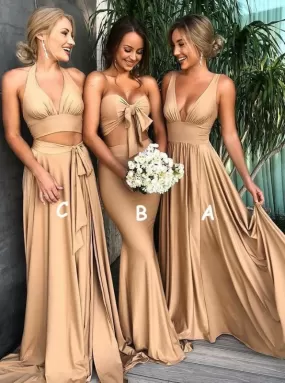 A-Line V-Neck Sweep Train Brown Satin Bridesmaid Dress