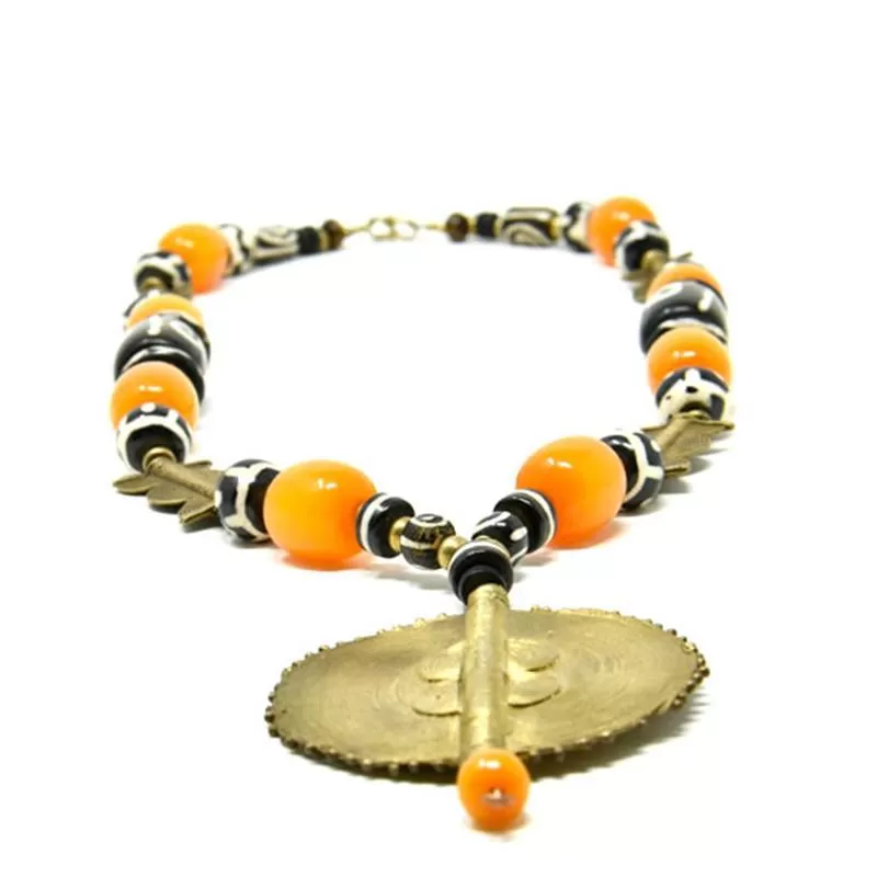 African Orange Copal Resin Amber & Brass Necklace and Earring Set