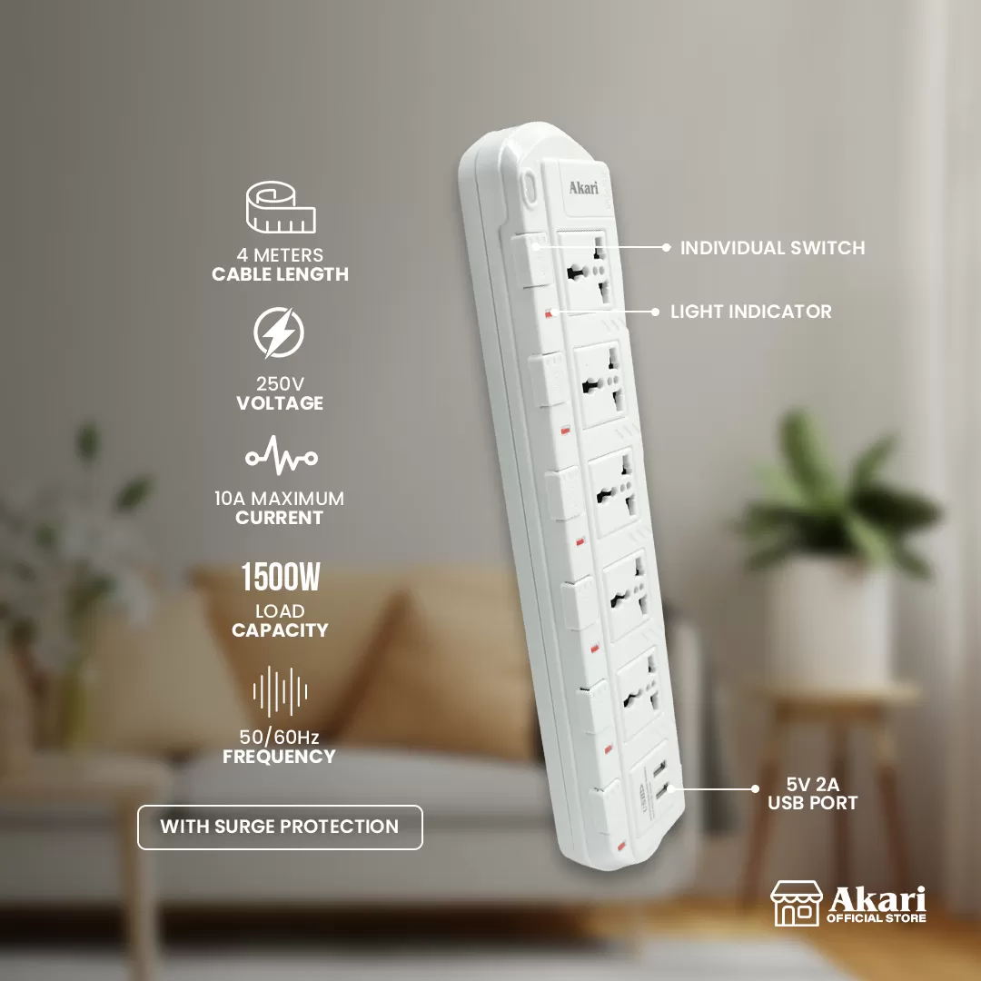 Akari 5 Gang Extension Cord with USB Port (AEC-923)