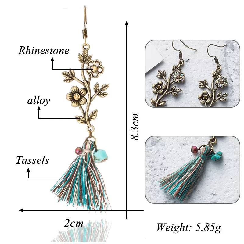 Alloy Flower Vintage Boho Ethnic Tassel Earring