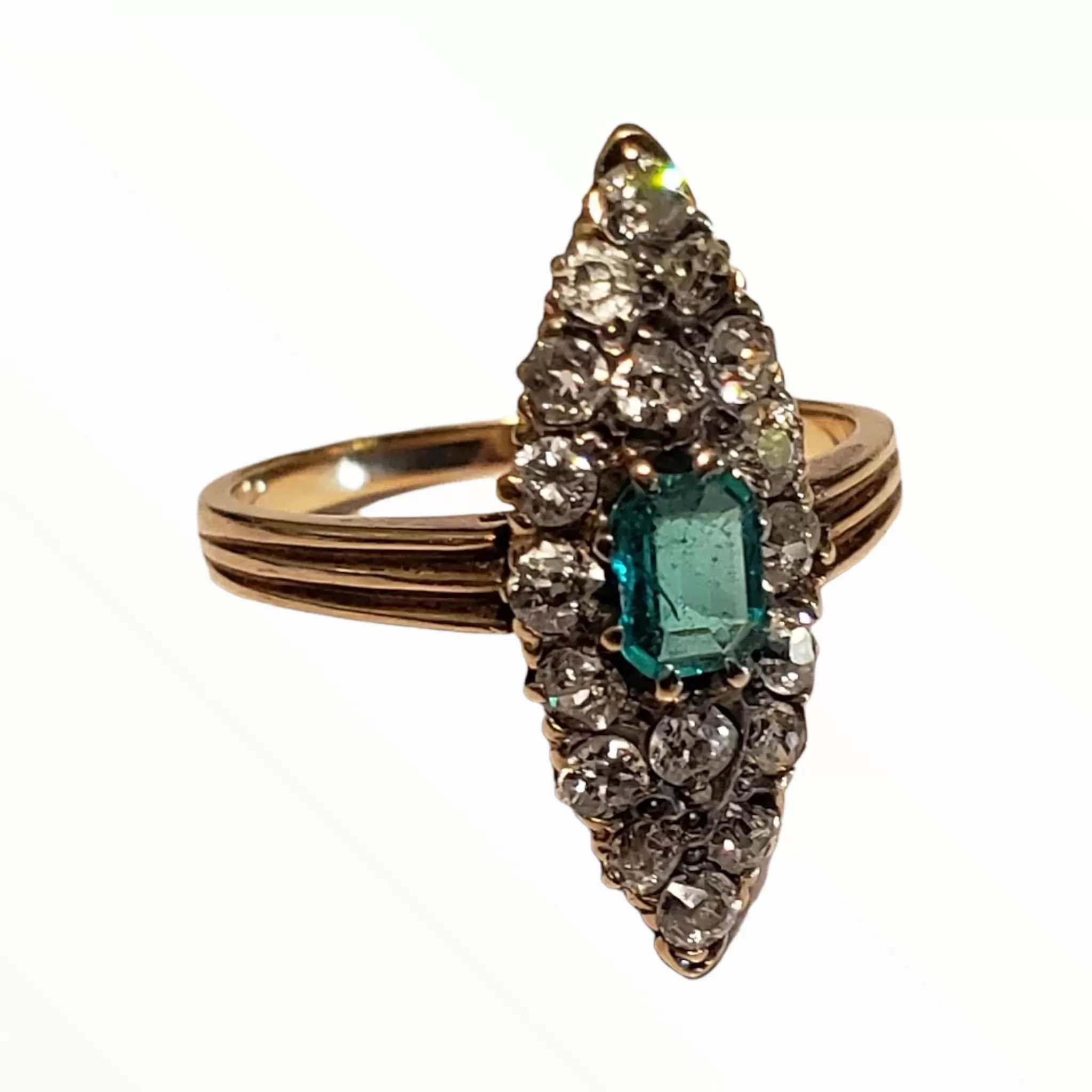 Antique Navette Emerald & Diamond Ring