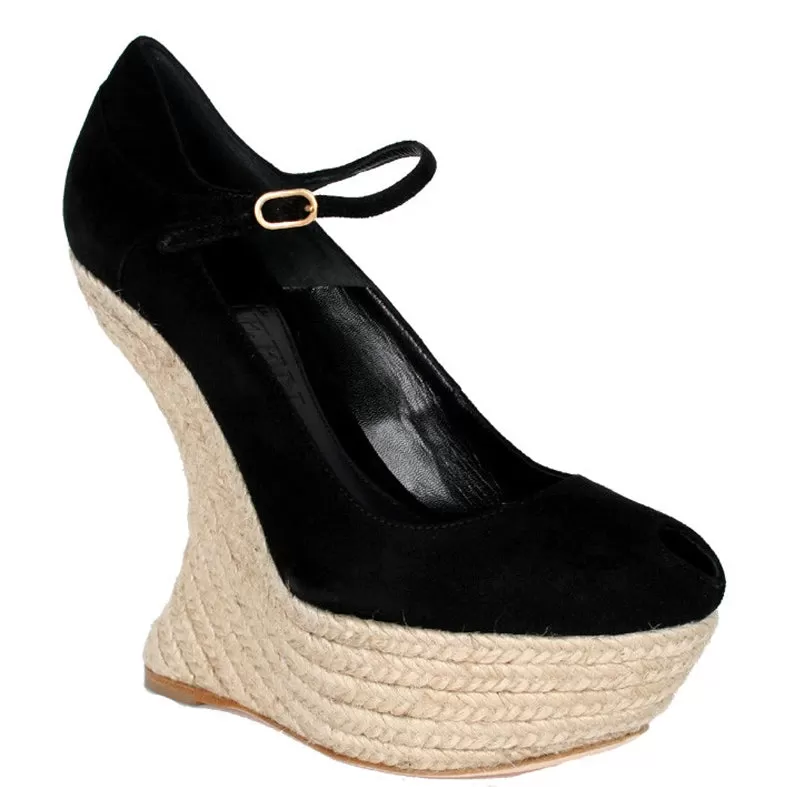 Armadillo Curved Espadrille Wedge, Black