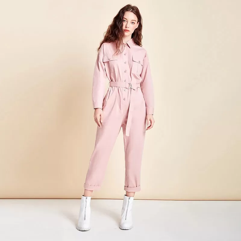 Ashore Shop New Women Jumpsuit 100% Cotton Fashion High Waist Button Jumpsuit with Belt