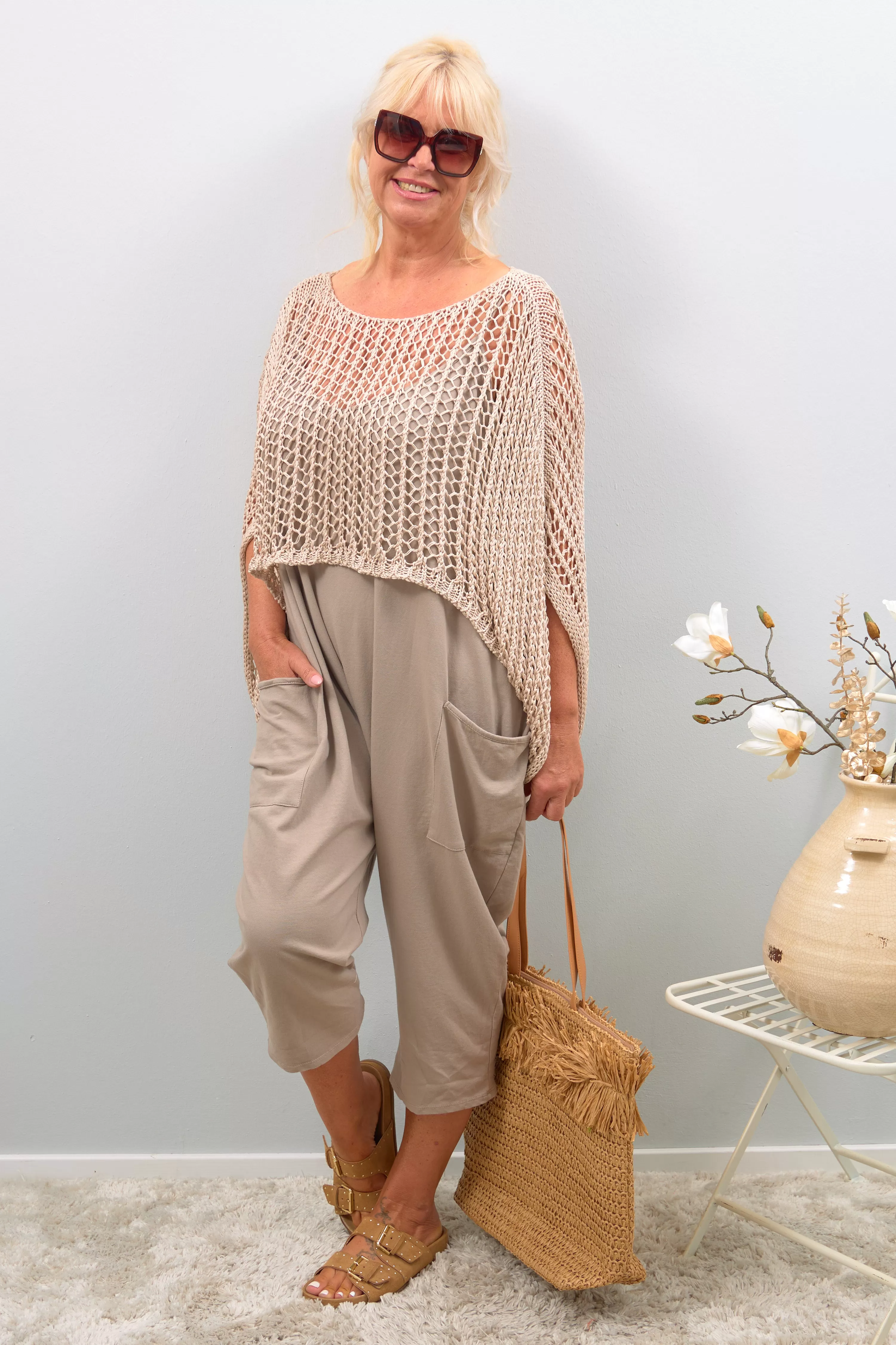 Baggy Jumpsuit mit Spaghettiträgern, taupe