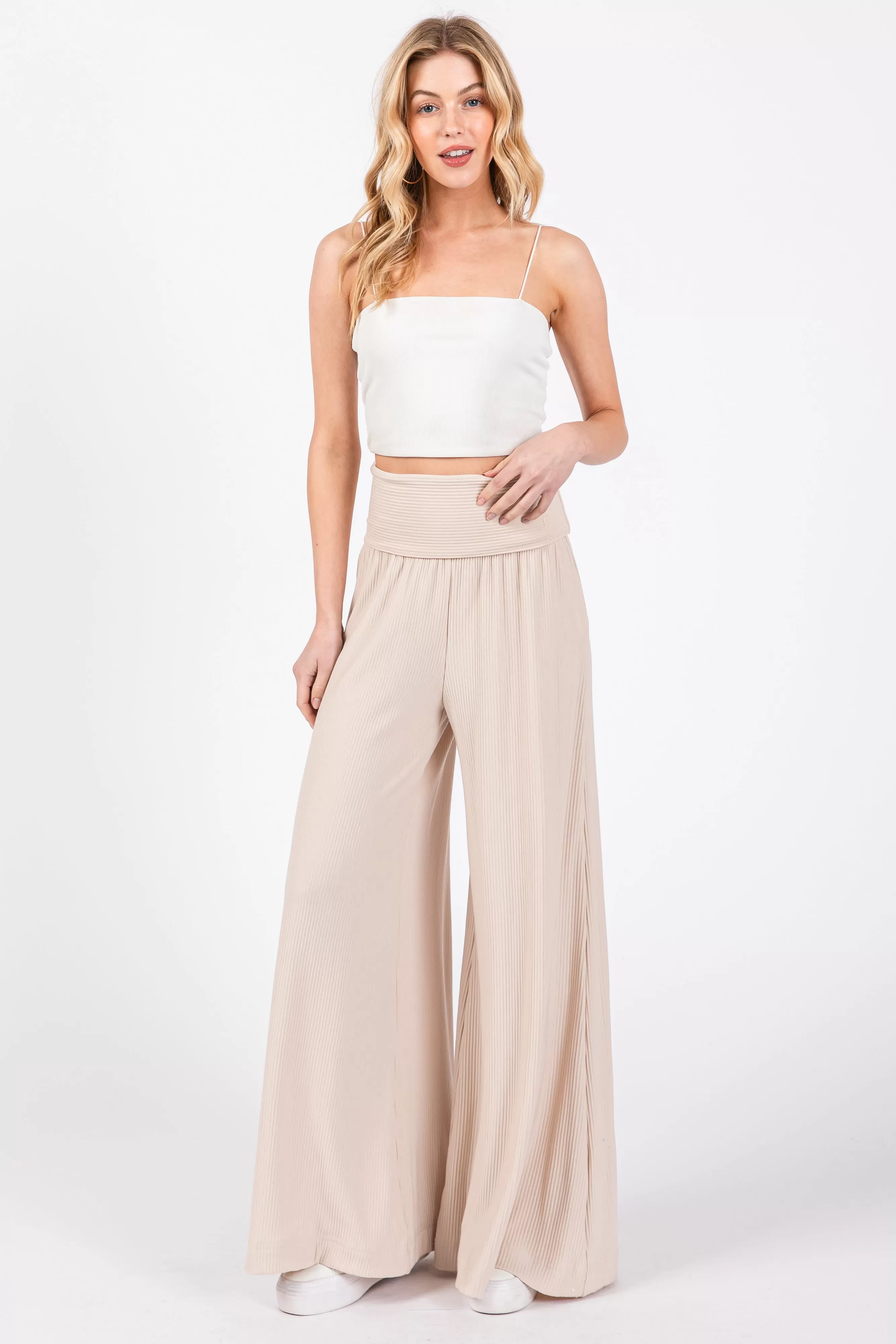 Beige Ribbed Foldover Waist Wide Leg Pants