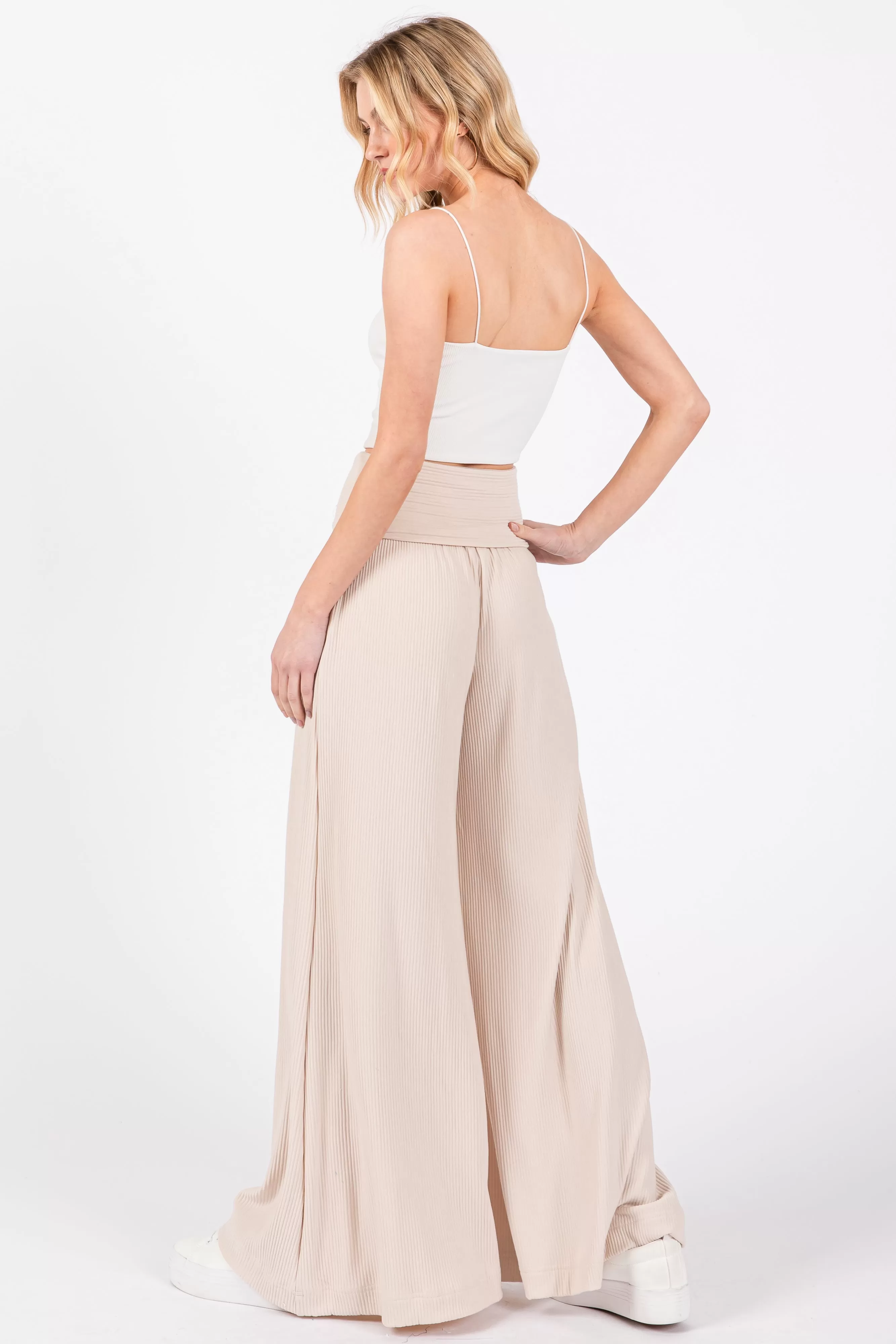 Beige Ribbed Foldover Waist Wide Leg Pants