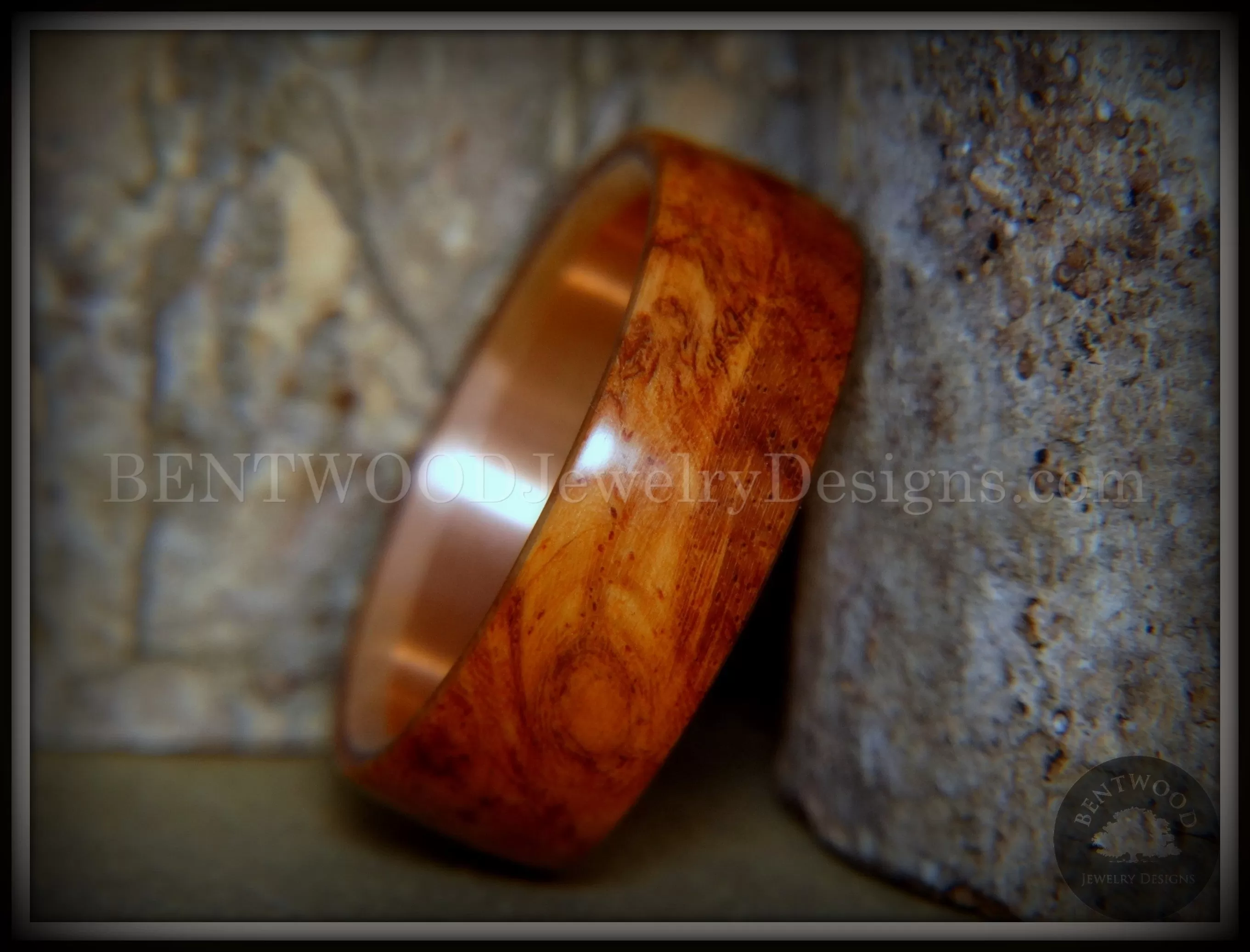 Bentwood Ring - Rarity Amboyna Burl Wood Ring with Copper Steel Comfort Fit Metal Core