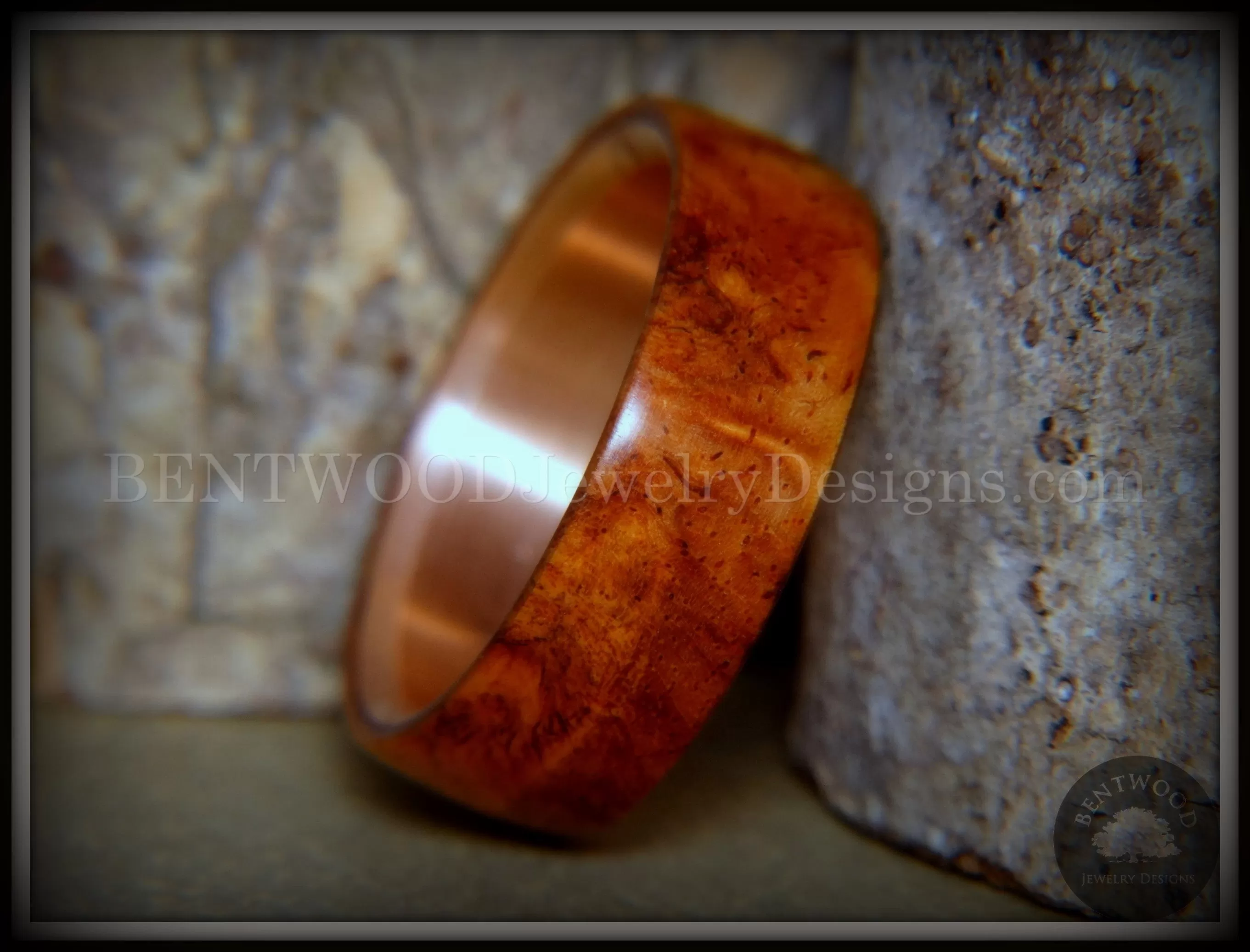 Bentwood Ring - Rarity Amboyna Burl Wood Ring with Copper Steel Comfort Fit Metal Core