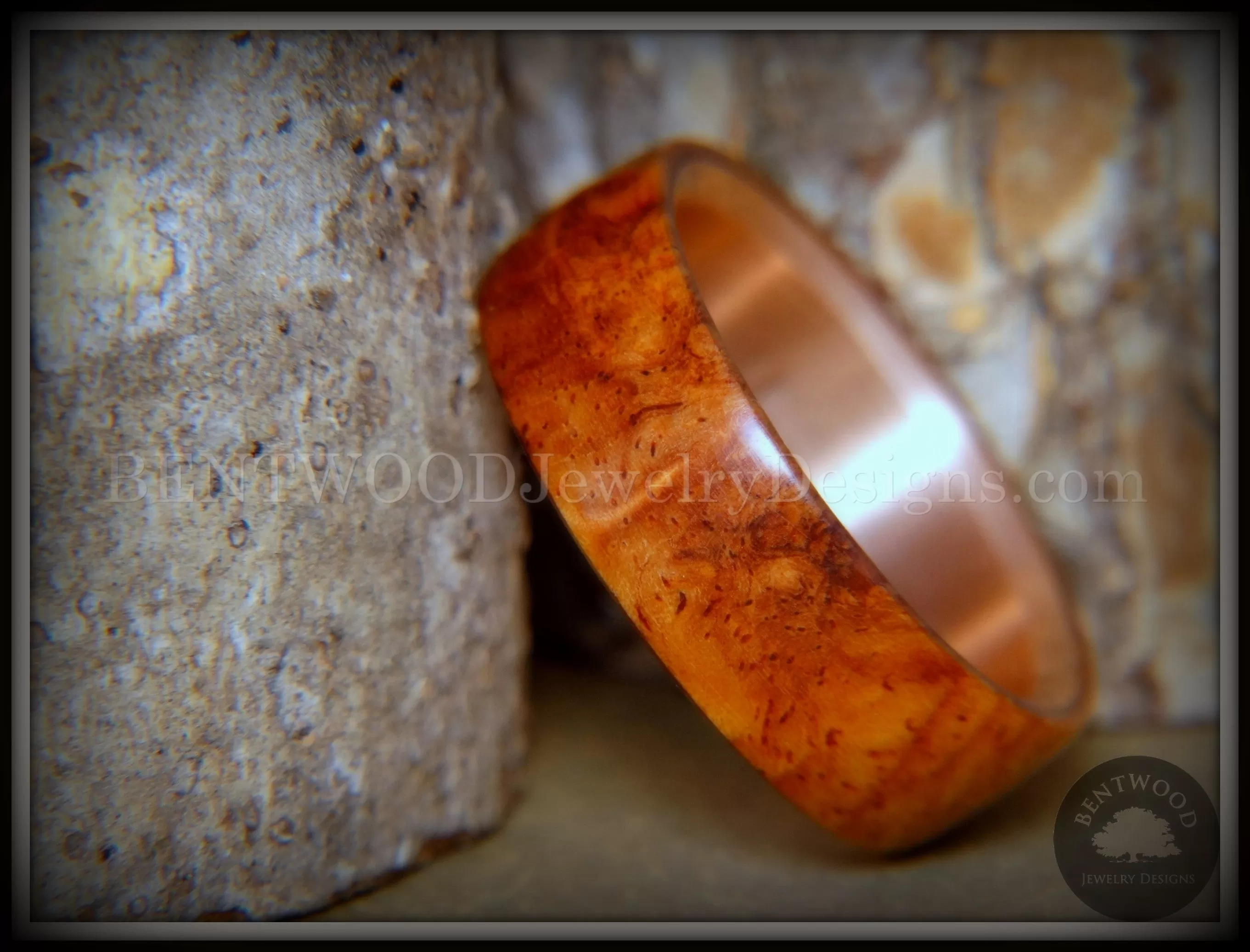 Bentwood Ring - Rarity Amboyna Burl Wood Ring with Copper Steel Comfort Fit Metal Core