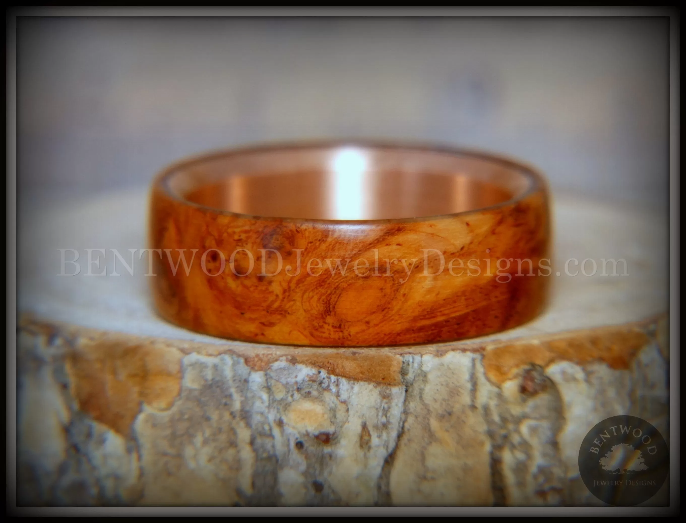 Bentwood Ring - Rarity Amboyna Burl Wood Ring with Copper Steel Comfort Fit Metal Core