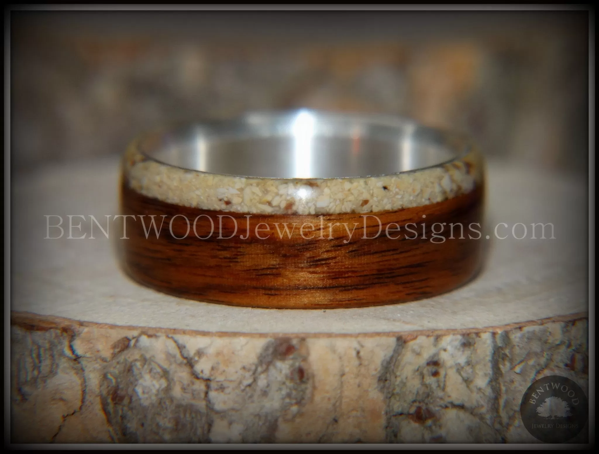 Bentwood Ring - Rosewood and Offset Beach Sand Inlay on Silver Core