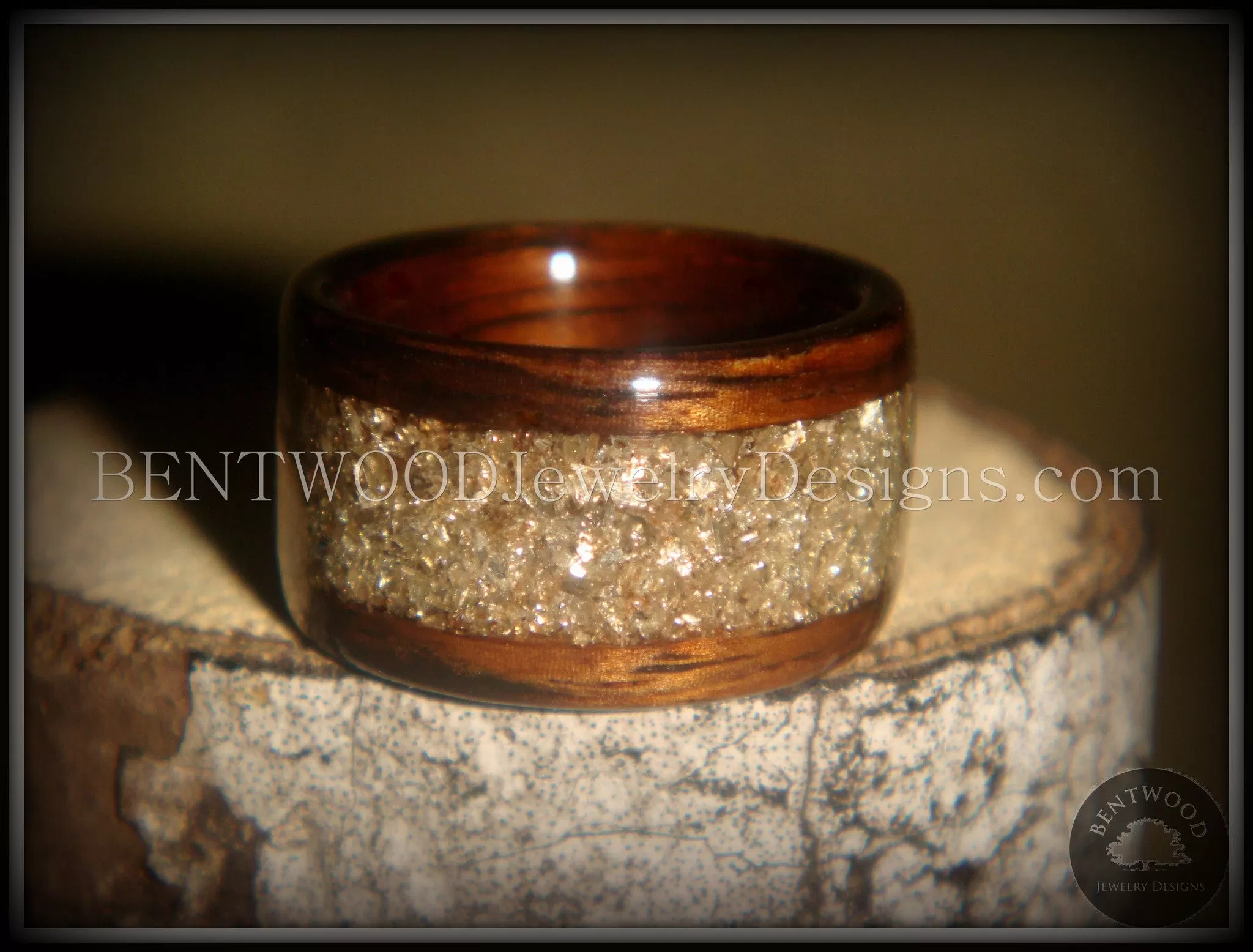 Bentwood Ring - Rosewood Wood Ring with Crushed Silver Glass Inlay