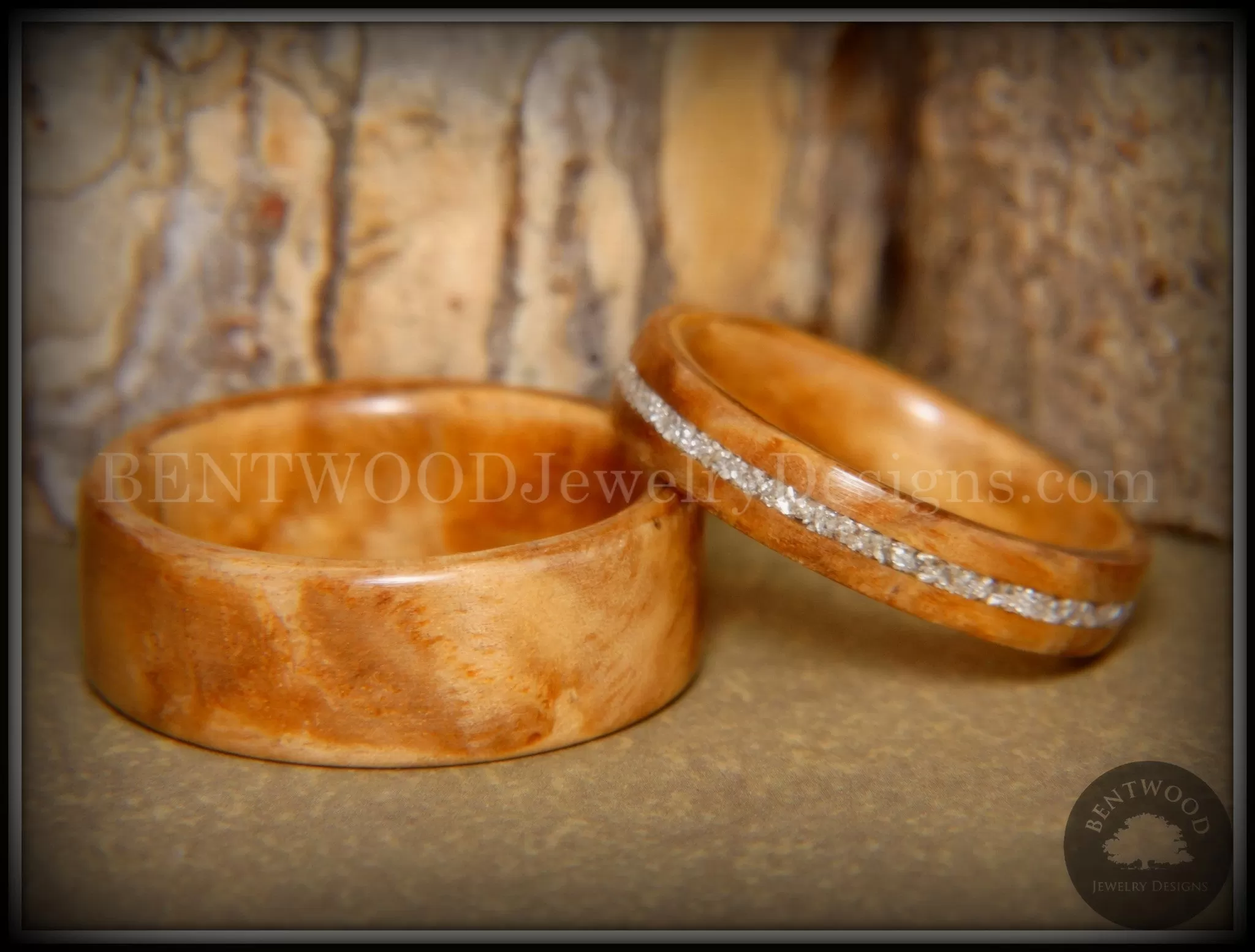 Bentwood Rings Set - Bethlehem Olivewood Wood Ring Set with Silver Glass Inlay