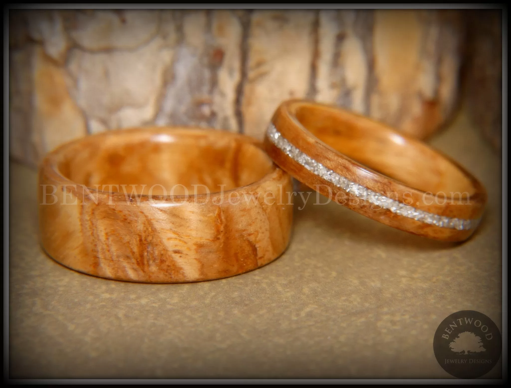 Bentwood Rings Set - Bethlehem Olivewood Wood Ring Set with Silver Glass Inlay