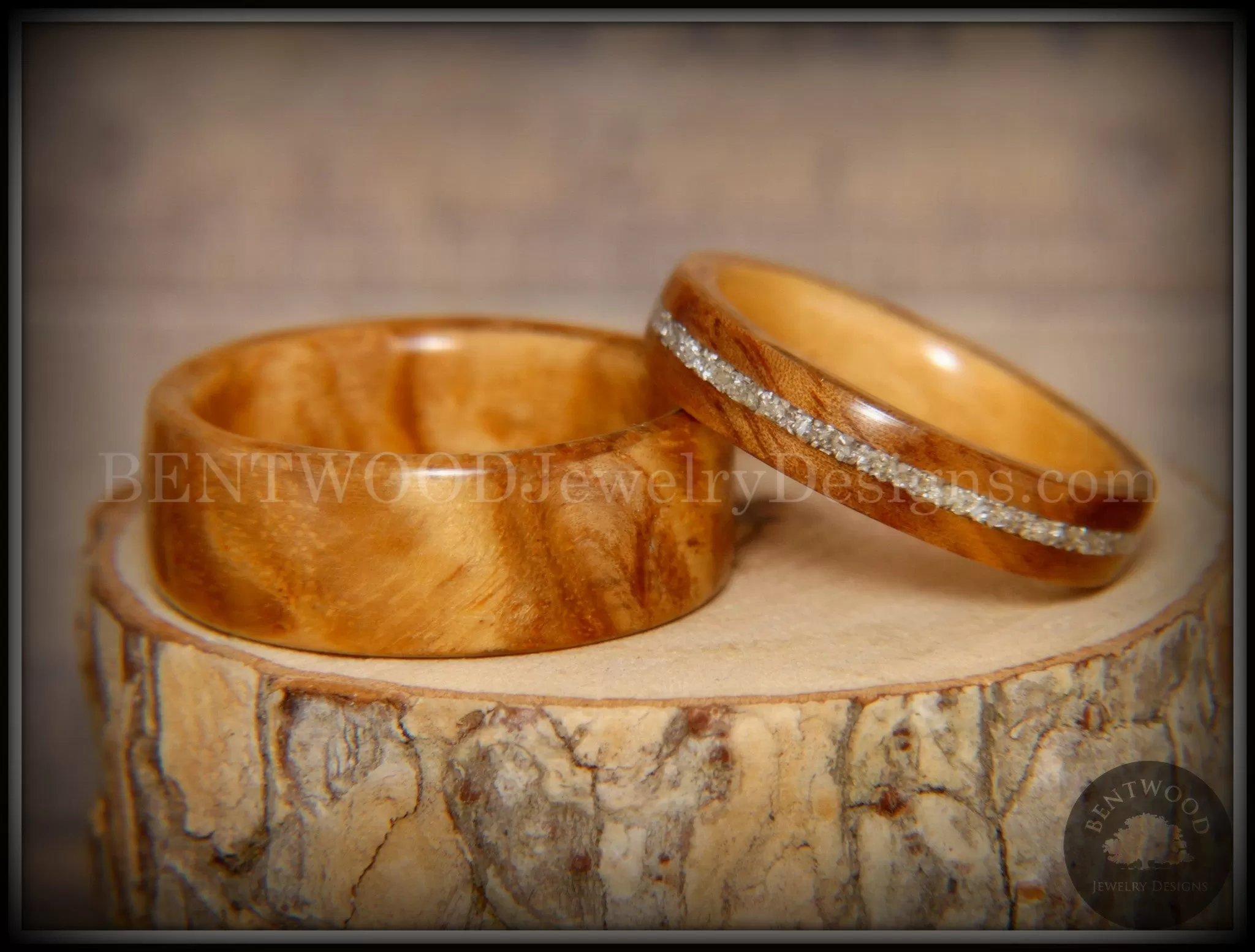 Bentwood Rings Set - Bethlehem Olivewood Wood Ring Set with Silver Glass Inlay