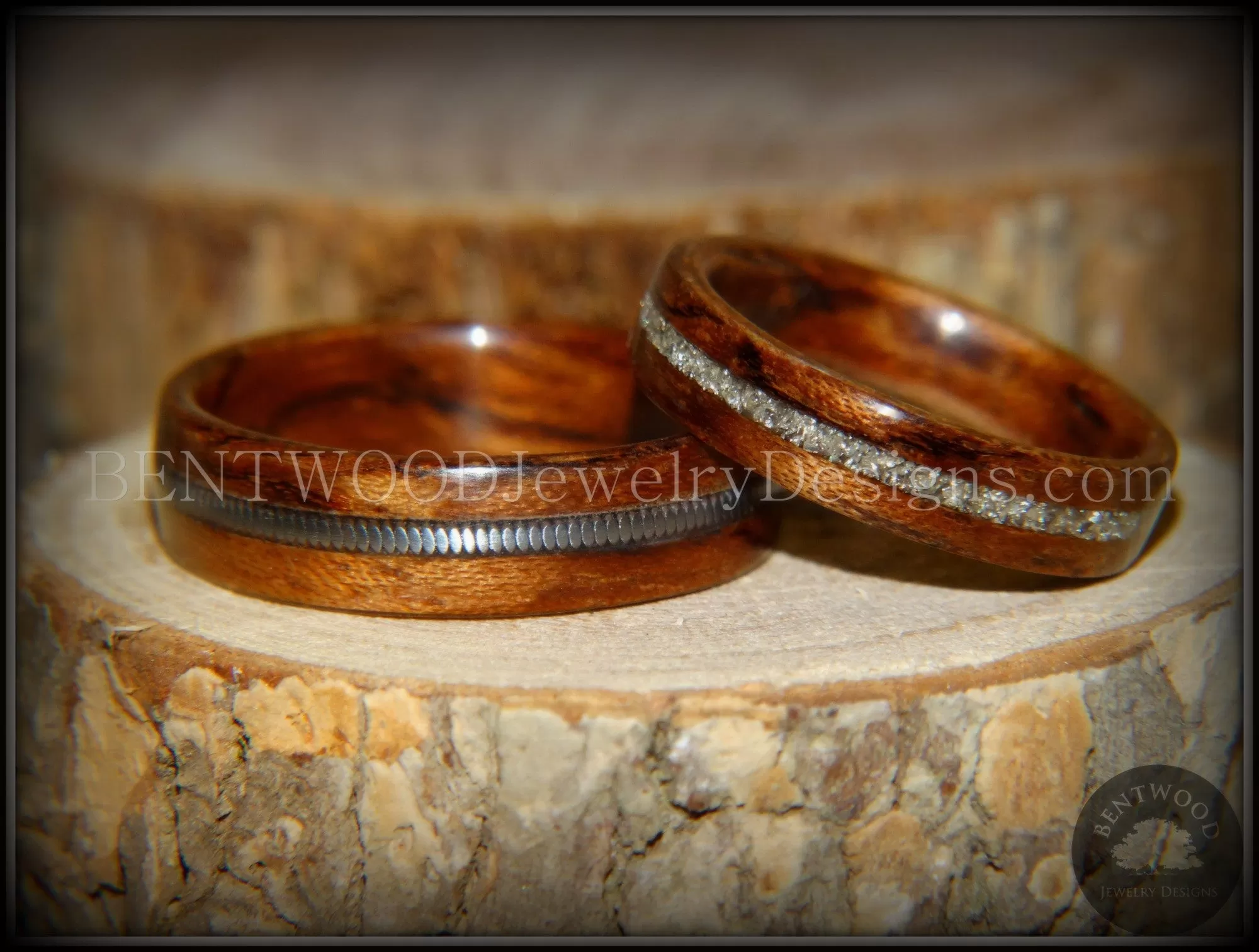 Bentwood Rings Set - Waterfall Bubinga Wood Ring Set with Glass Inlay and Guitar String Inlay