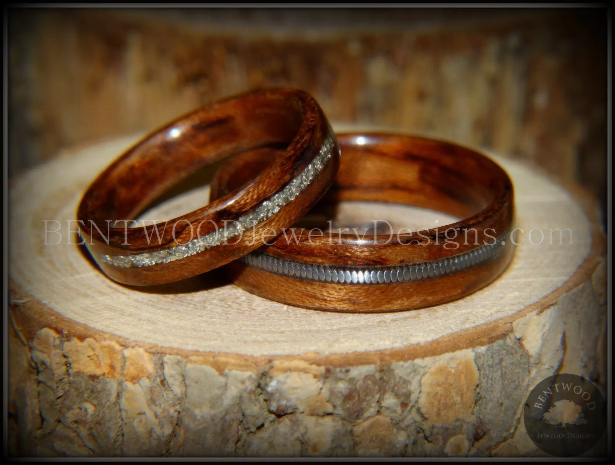 Bentwood Rings Set - Waterfall Bubinga Wood Ring Set with Glass Inlay and Guitar String Inlay