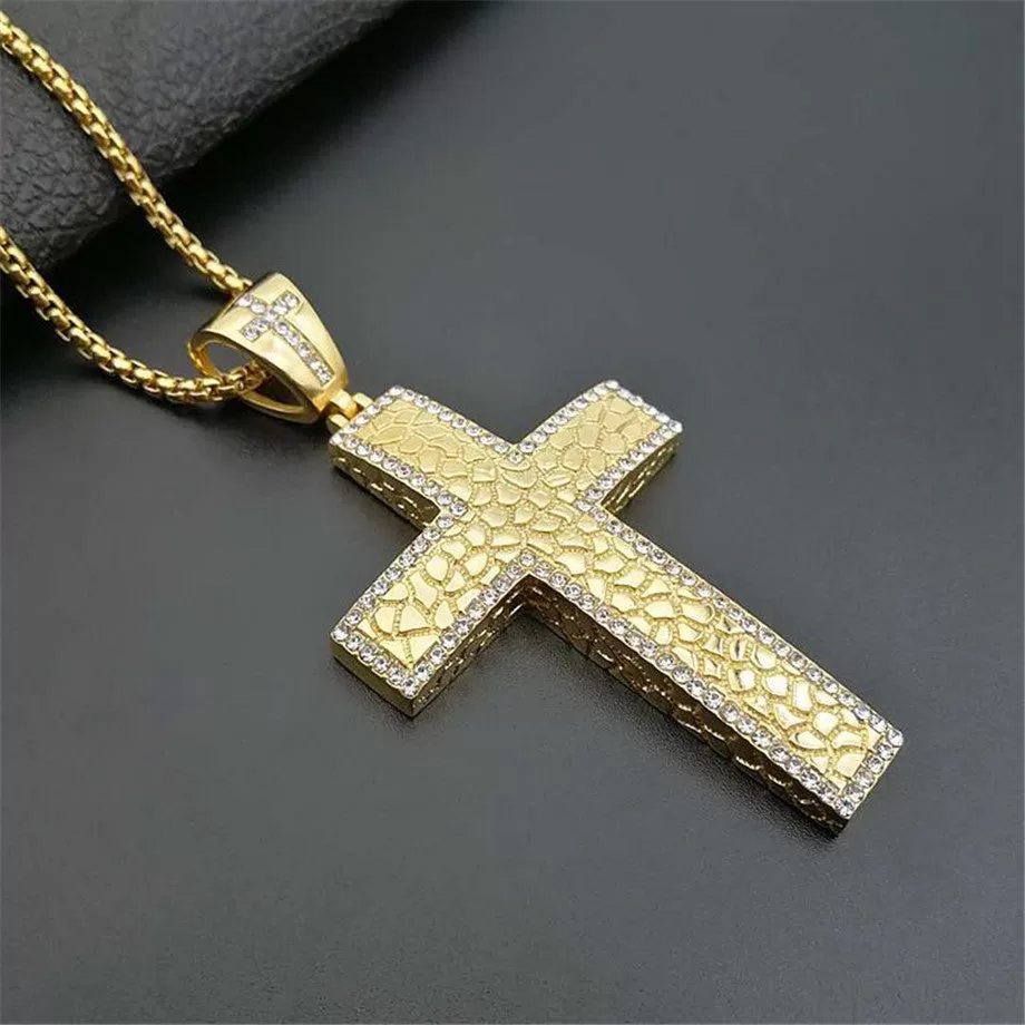 Big Gold IP-Plated Stainless-Steel CZ Textured Cross Pendant Necklace