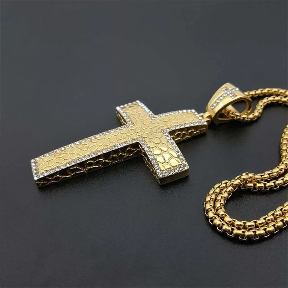 Big Gold IP-Plated Stainless-Steel CZ Textured Cross Pendant Necklace