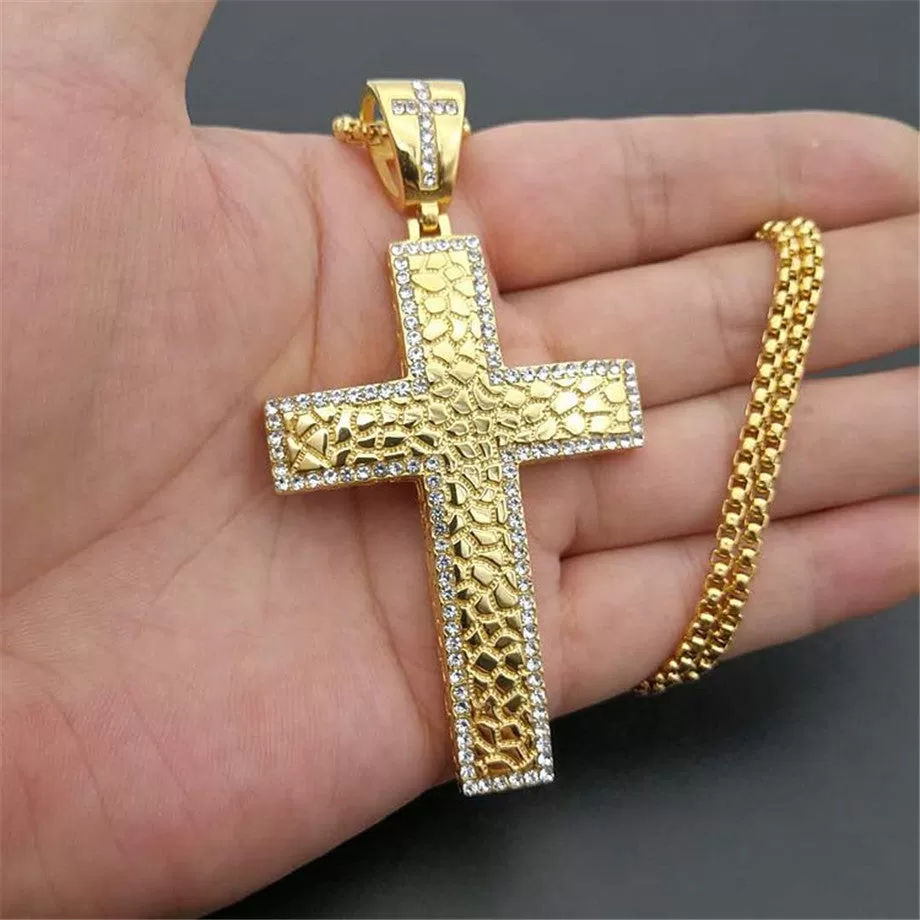 Big Gold IP-Plated Stainless-Steel CZ Textured Cross Pendant Necklace