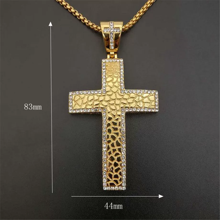 Big Gold IP-Plated Stainless-Steel CZ Textured Cross Pendant Necklace