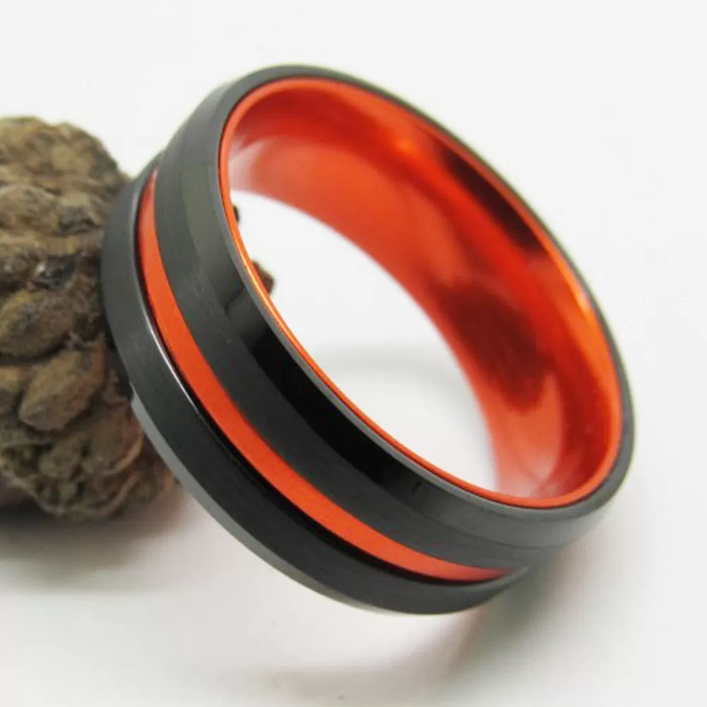 Black Beveled and Orange-Plated Tungsten Fashion Wedding Band