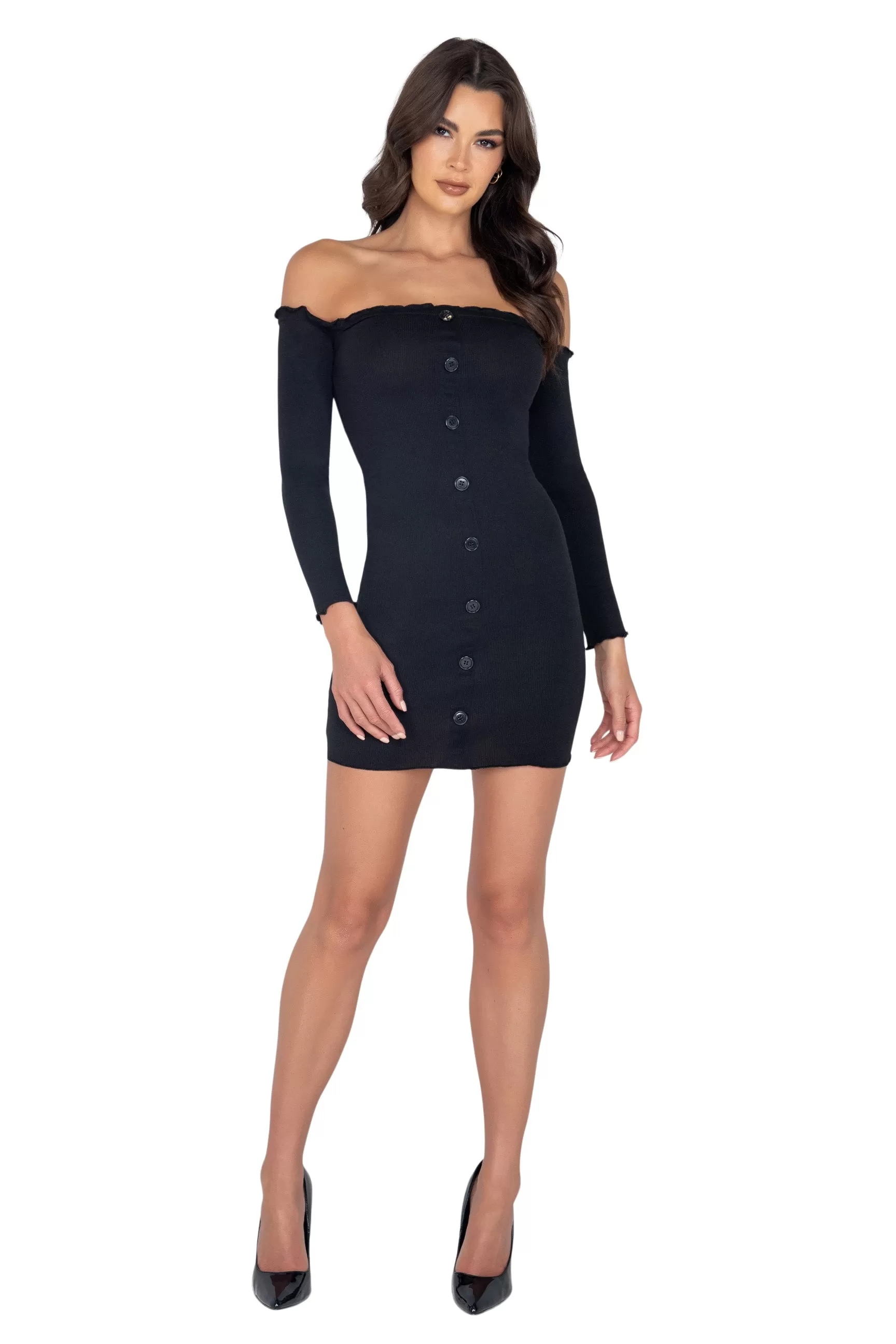 Black Ribbed Off Shoulder Mini Dress Sassy Assy Clubwear