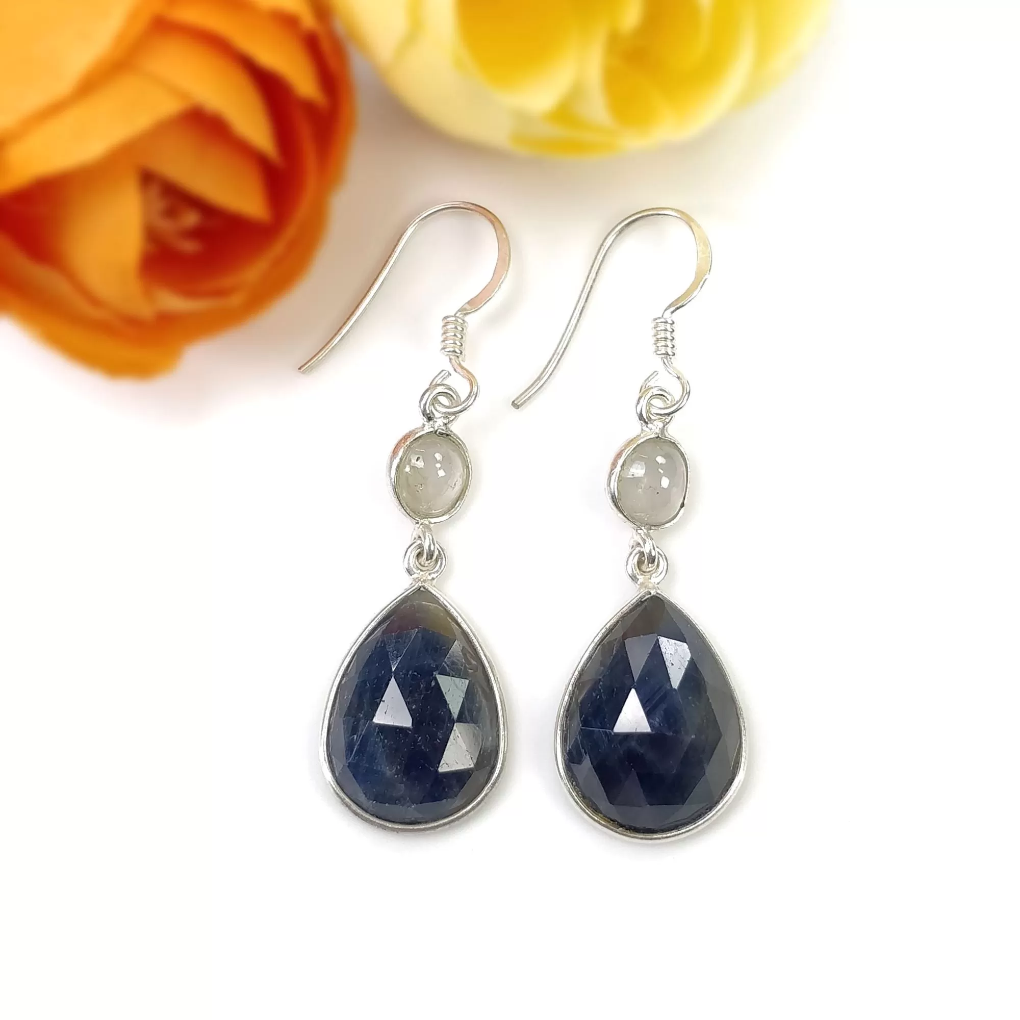 BLUE SAPPHIRE Gemstone Earring : 5.25gms Natural Multi Sapphire 925 Sterling Silver Drop Dangle Bezel Set Hook Earrings 1.75"