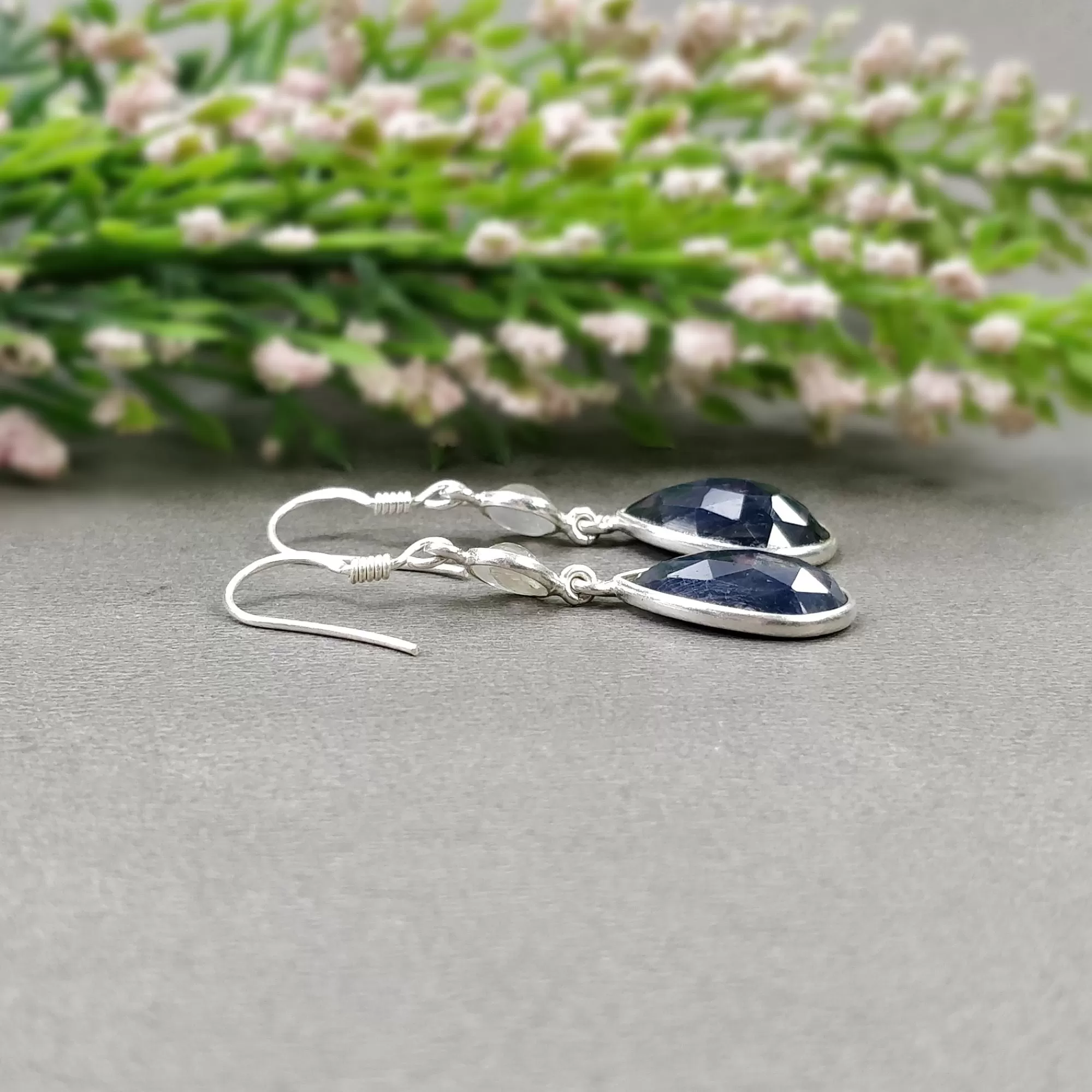 BLUE SAPPHIRE Gemstone Earring : 5.25gms Natural Multi Sapphire 925 Sterling Silver Drop Dangle Bezel Set Hook Earrings 1.75"