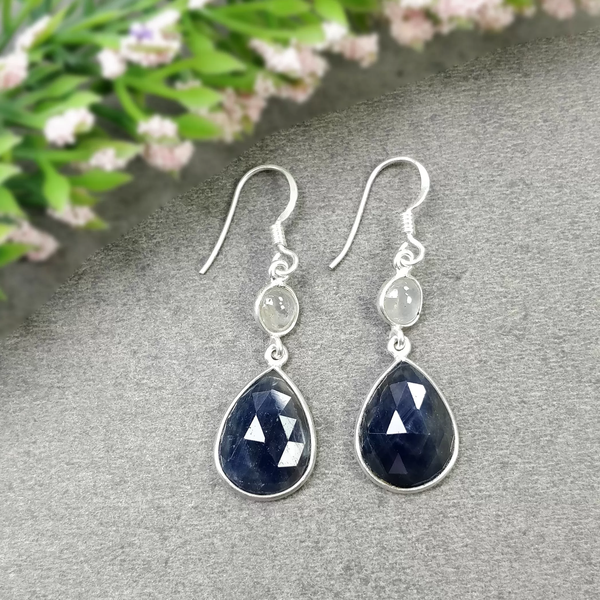 BLUE SAPPHIRE Gemstone Earring : 5.25gms Natural Multi Sapphire 925 Sterling Silver Drop Dangle Bezel Set Hook Earrings 1.75"