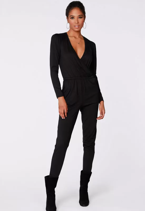 Bobi - Shirred Sleeve Surplice Jumpsuit Black