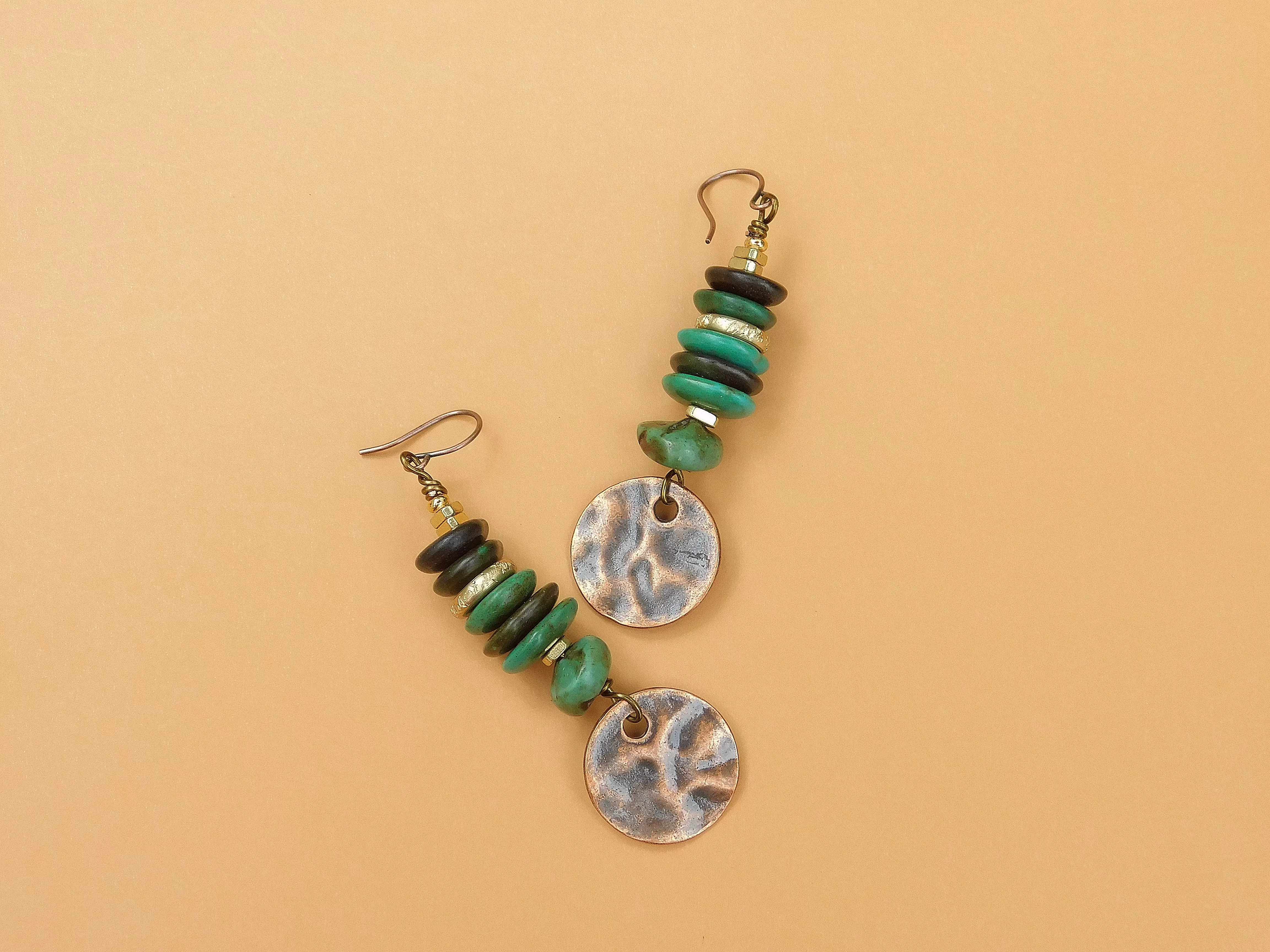 Boho Turquoise and Hammered Copper Charm Earrings