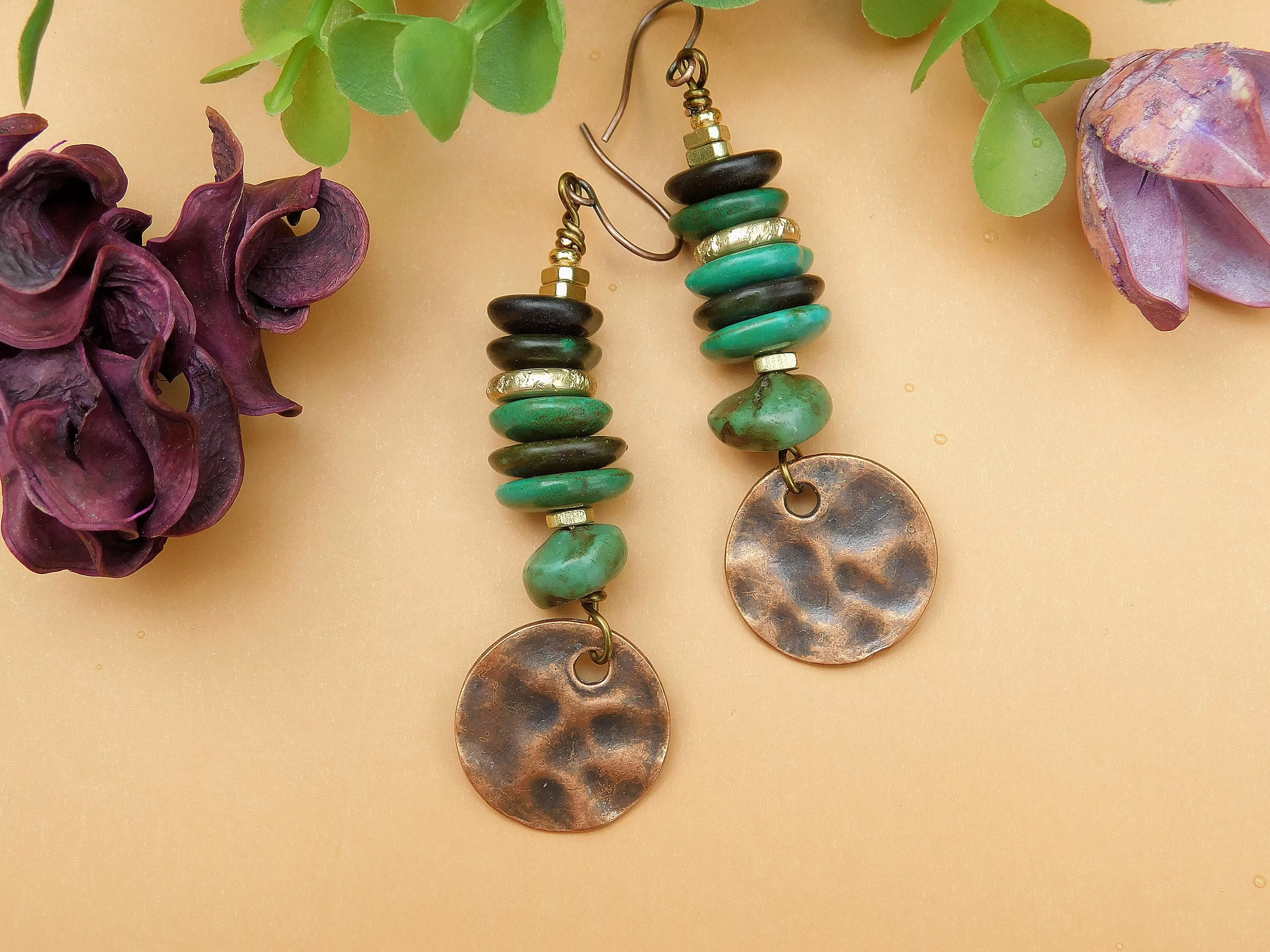 Boho Turquoise and Hammered Copper Charm Earrings