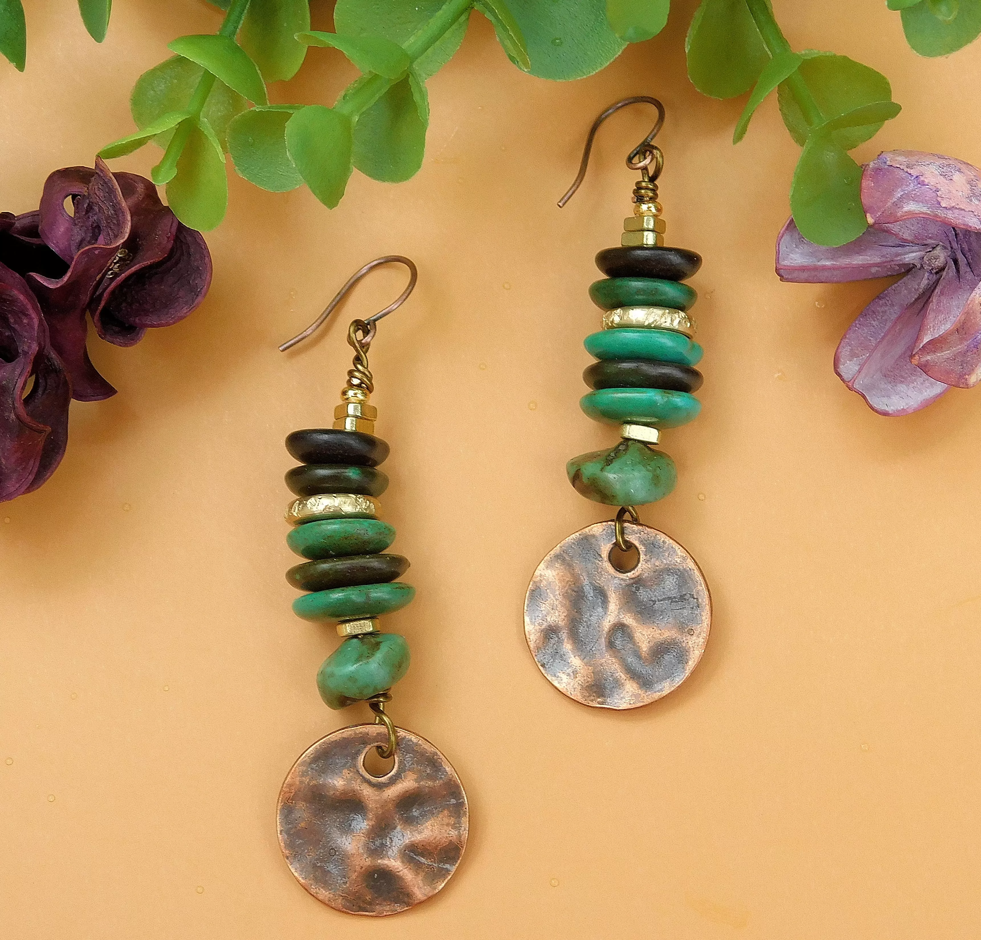 Boho Turquoise and Hammered Copper Charm Earrings