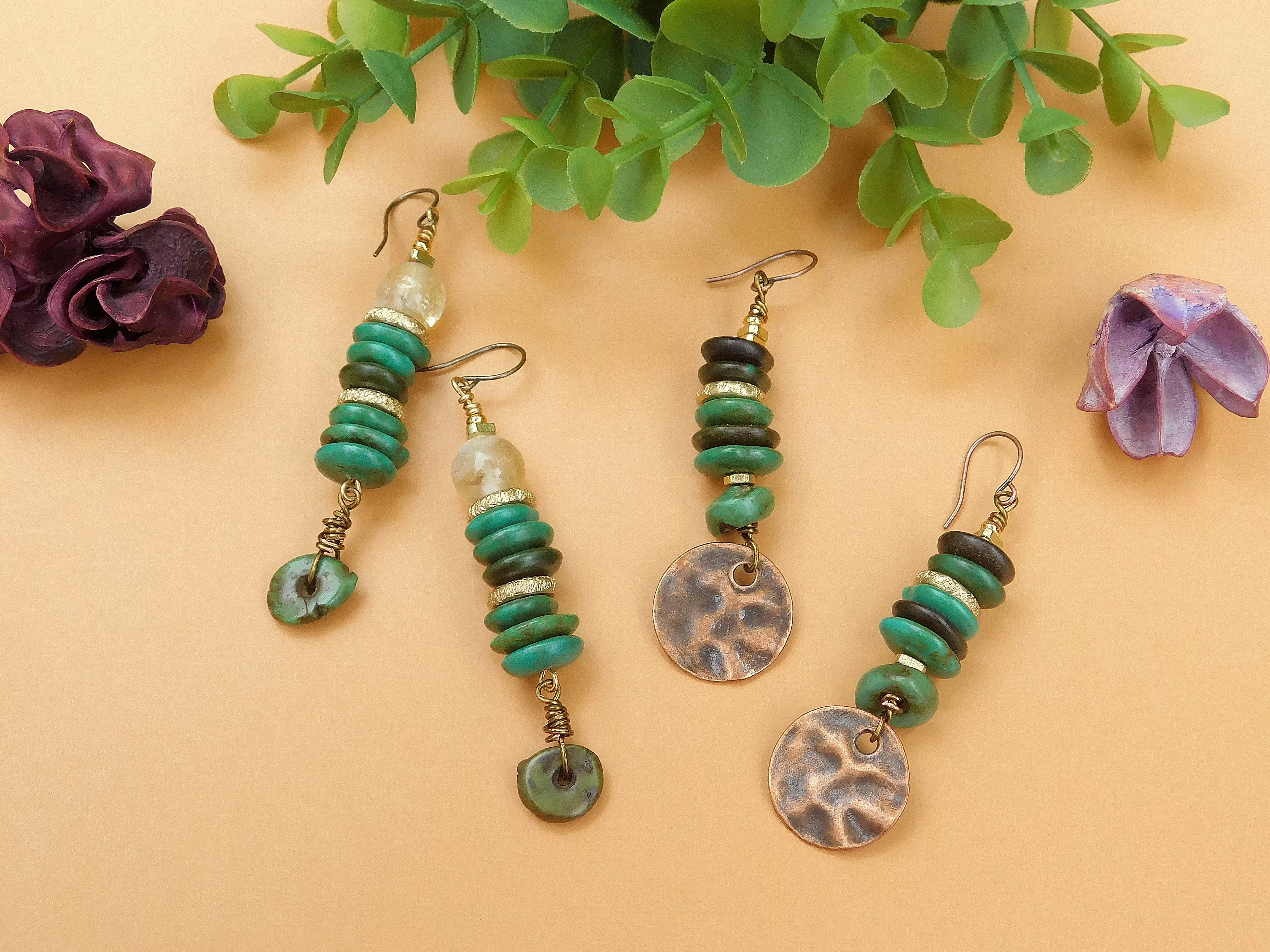 Boho Turquoise and Hammered Copper Charm Earrings