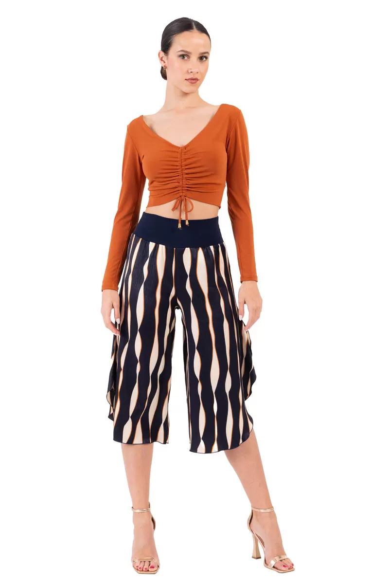 Bronze Orange Long Sleeve Crop Top With Center Gatherings