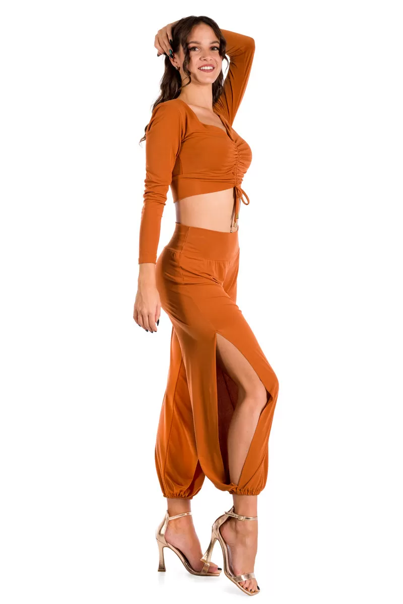 Bronze Orange Long Sleeve Crop Top With Center Gatherings