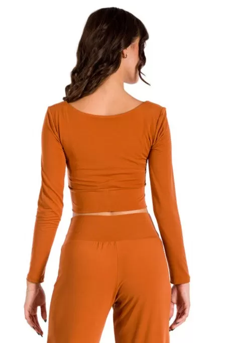 Bronze Orange Long Sleeve Crop Top With Center Gatherings